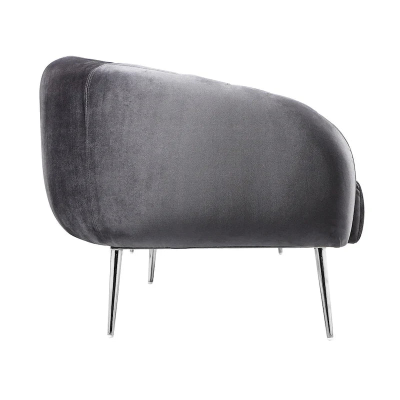 Decy 74 Inch Sofa, Channel Stitched, Cushioned Seat, Gray Velvet, Silver