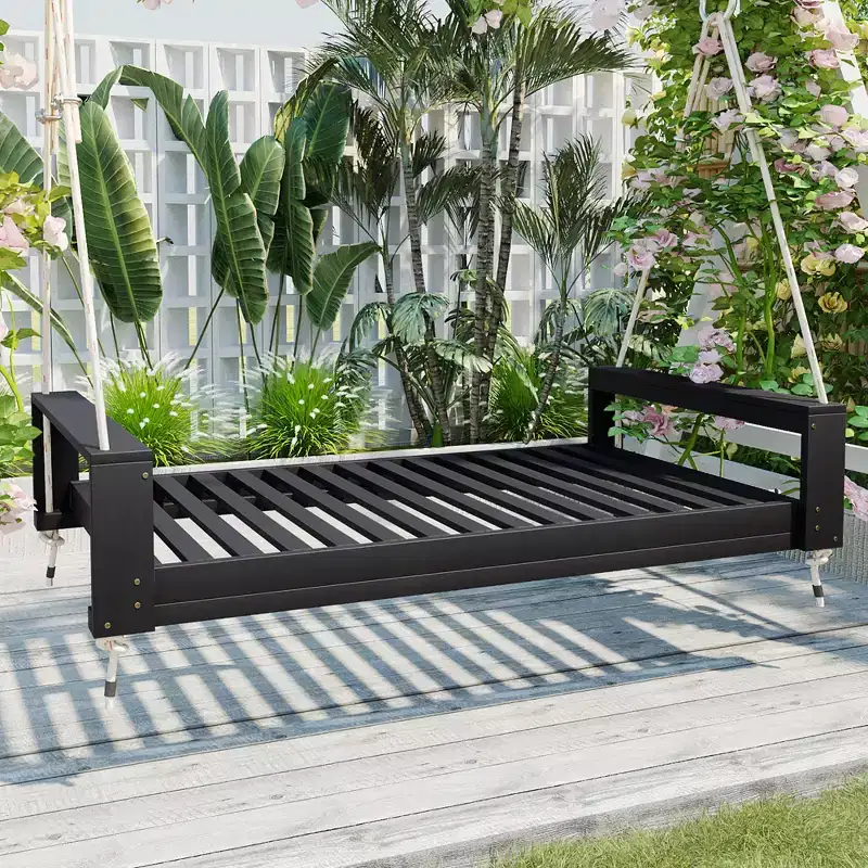 Twin Size Porch Swing Bed with Acacia Wood Frame and Hemp Ropes for Garden and Backyard