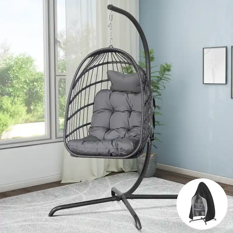 FINCATI Indoor Egg Swing Chair with Stand, 350 lbs Hanging Egg Chair with Stand, Outdoor Patio Wicker Hammock with Stand