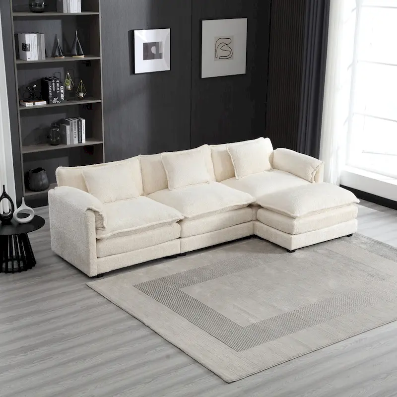Beige 112.2  L-Shape 4-Seater Sectional Sofa in Modern Boucle Fabric with Removable Cushions and Detachable Armrests