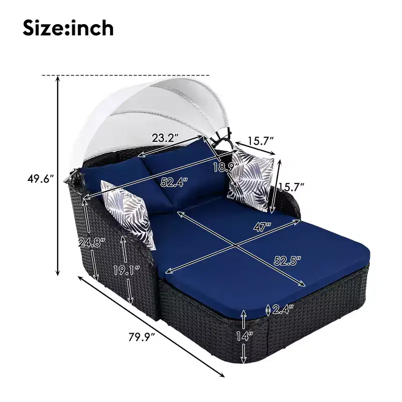 GDFStudio Sidney Patio Modern PE Rattan Double Chaise Lounge Daybed with Adjustable Canopy, Cushions and Pillows