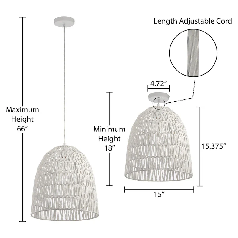 Penelope River of Goods White Woven Hemp Rope Dome Shade Pendant Light - 15  x 15  x 18/66