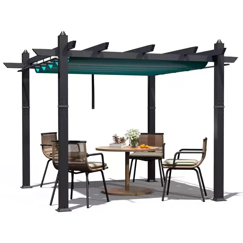 Retractable Outdoor Pergola 10x13 Ft with Adjustable Blue Canopy 4 White Curtains Weatherproof Aluminum Patio Canopy for Backyard Garden
