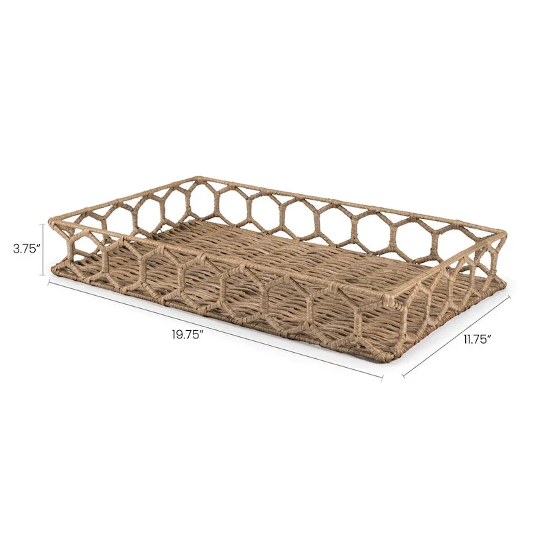 happimess Honeycomb 19.75  Rustic Bohemian Hand-Woven Rattan Tray, Natural