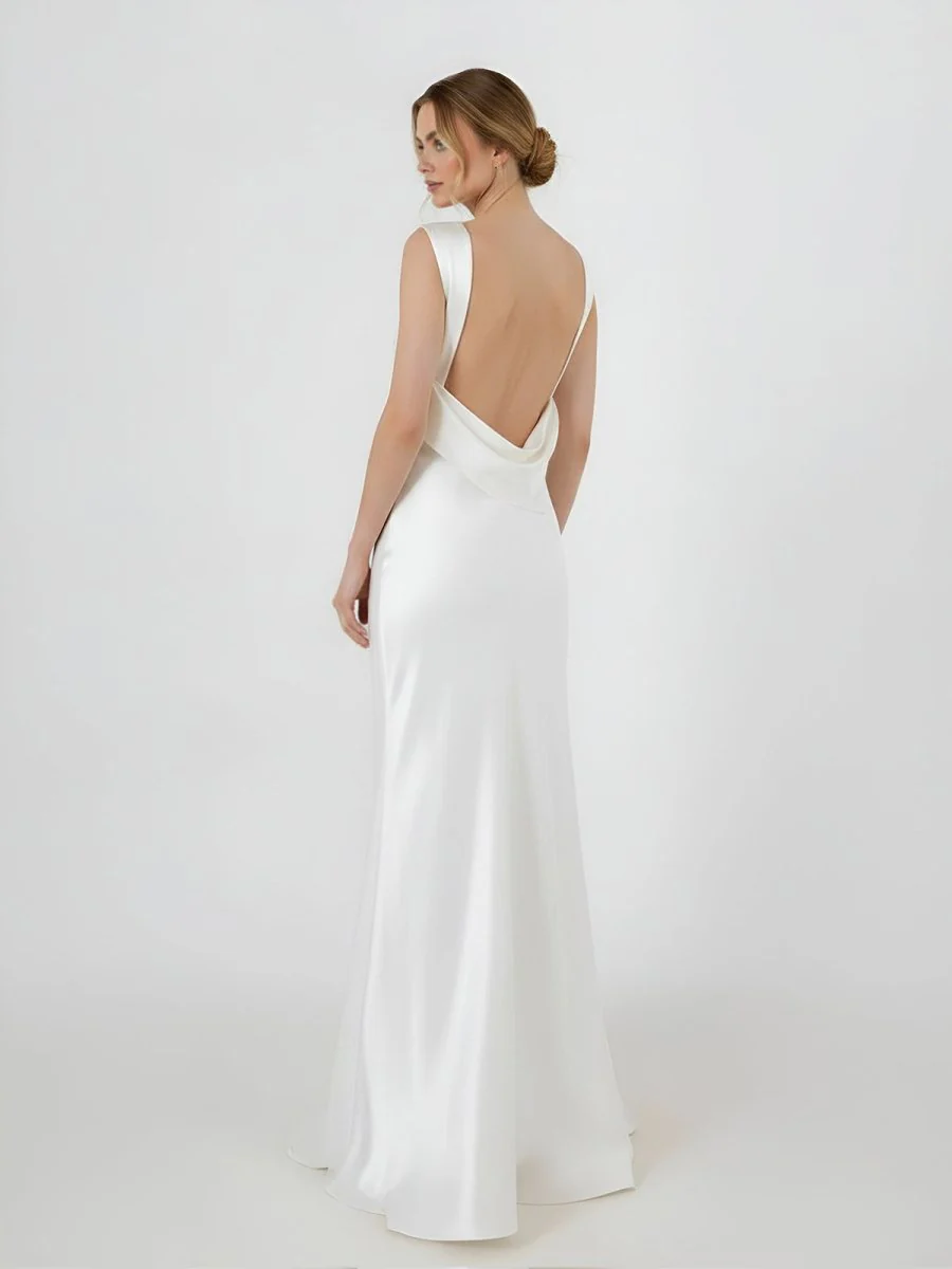 Sheath High Bateau Neck Backless Silk Satin Wedding Dress