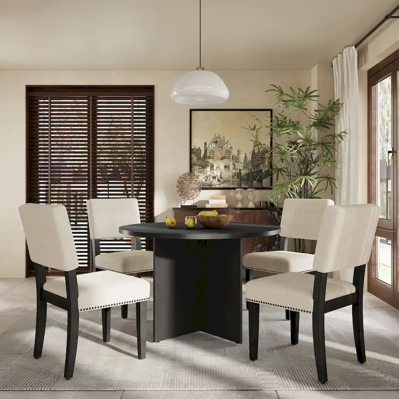 4 People Round Dining Table Set, 5 Piece Kitchen Table Set with Round Dining Table and 4 Upholstered Dining Chairs