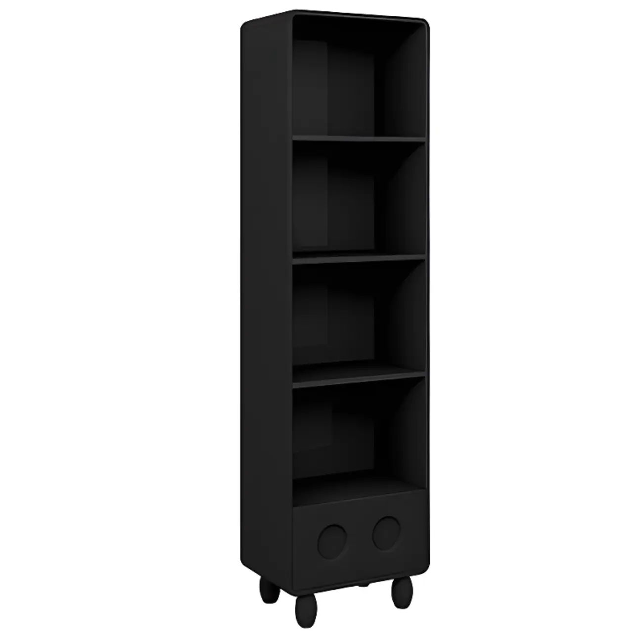 Narrow Black Wood 5-Tier Rolling Bookcase with Drawers