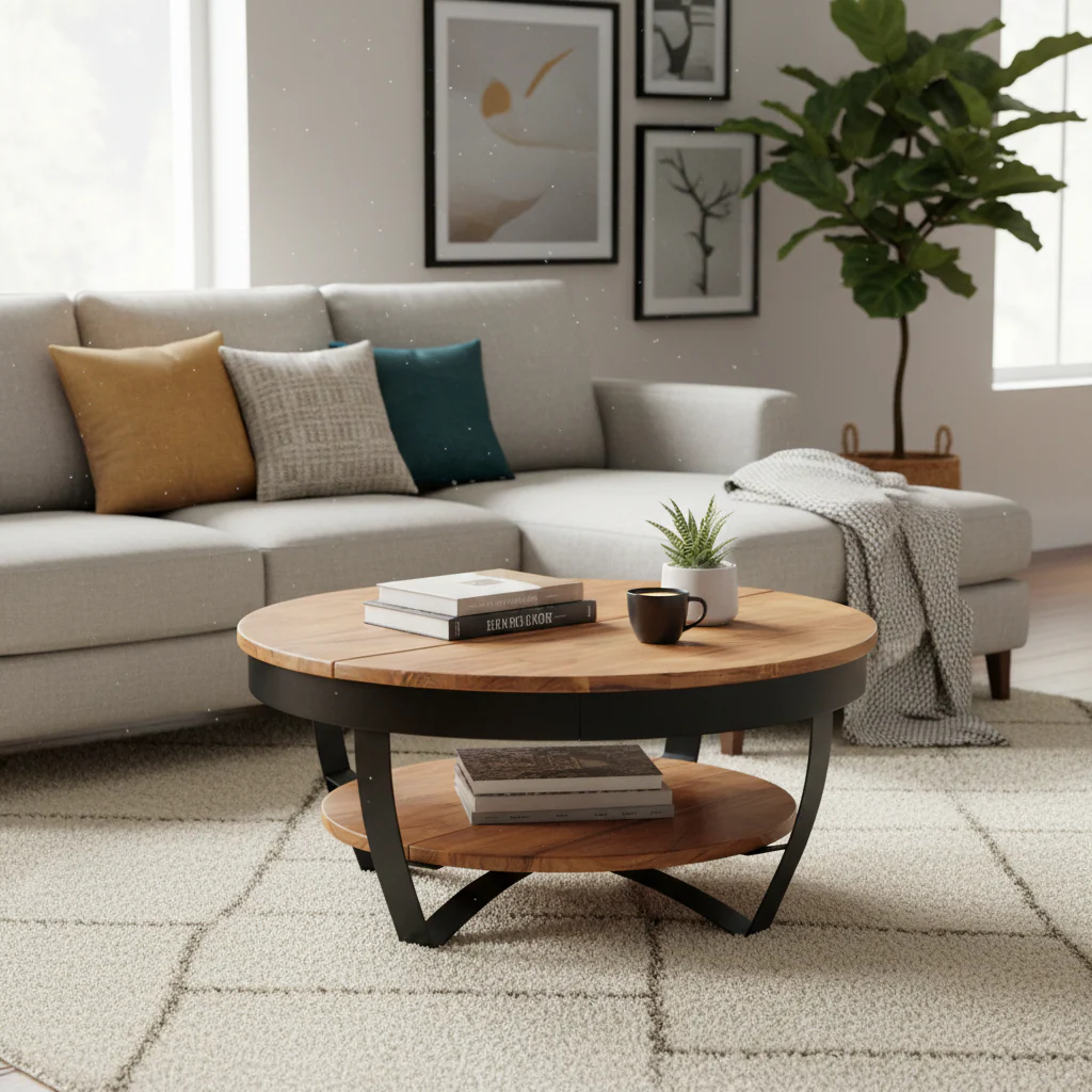 Brown Wood Coffee Table - Round Industrial Style for Living Room