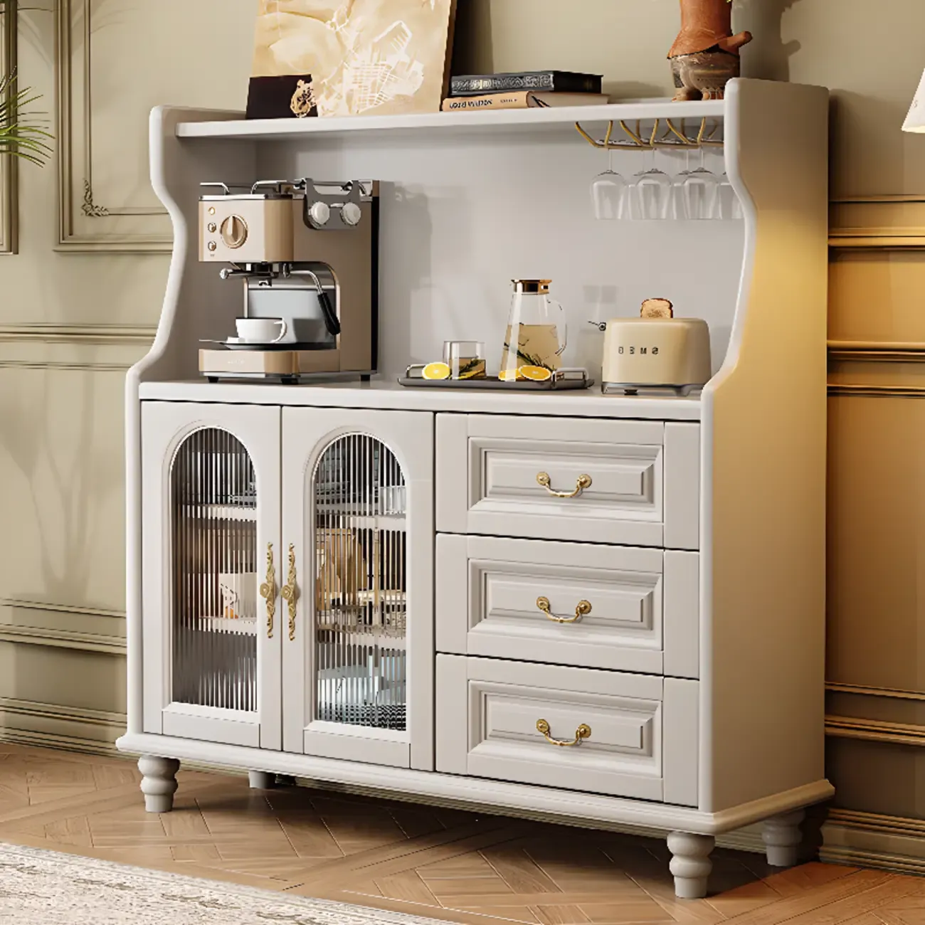 Modern Wood Kitchen Buffet with Shelves and Stemware Rack