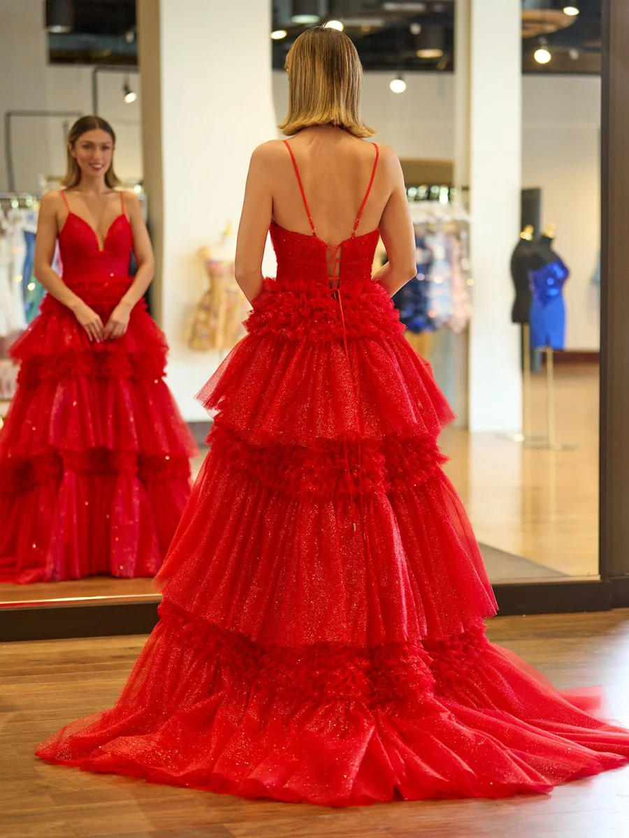 A-Line Spaghetti Straps Long Tiered Tulle Prom Dress With Split