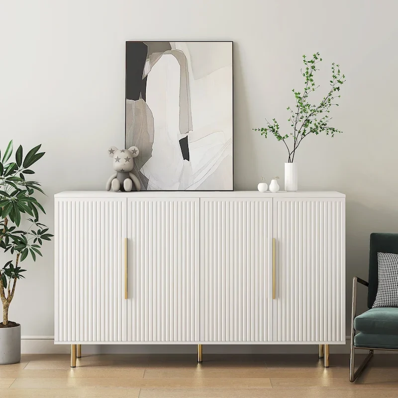 Buffet Cabinet with Fluted Decorative Doors, Wood Sideboard Cabinet with Metal Handles, Storage Cabinet with Adjustable Shelves