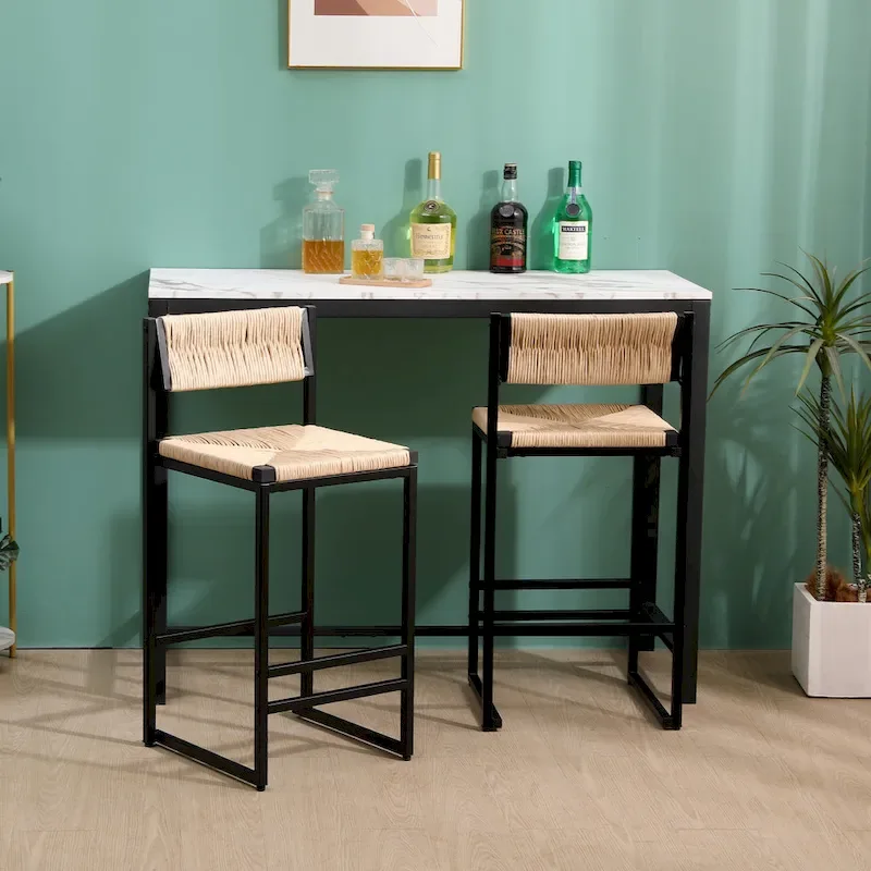 Bar Stools Set of 2, Paper Rope Weave Dining Chairs with Back, Hand Weave Stools for Kitchen Island, Bar & Counter