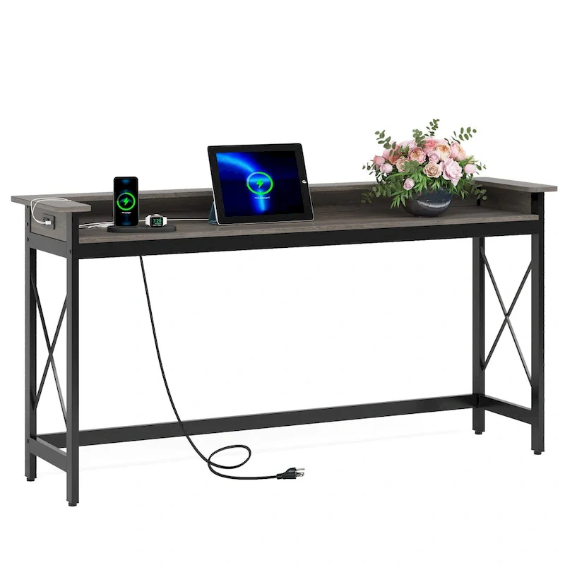 Industrial Narrow Console Table with Outlets & USB Ports – Brown / Grey