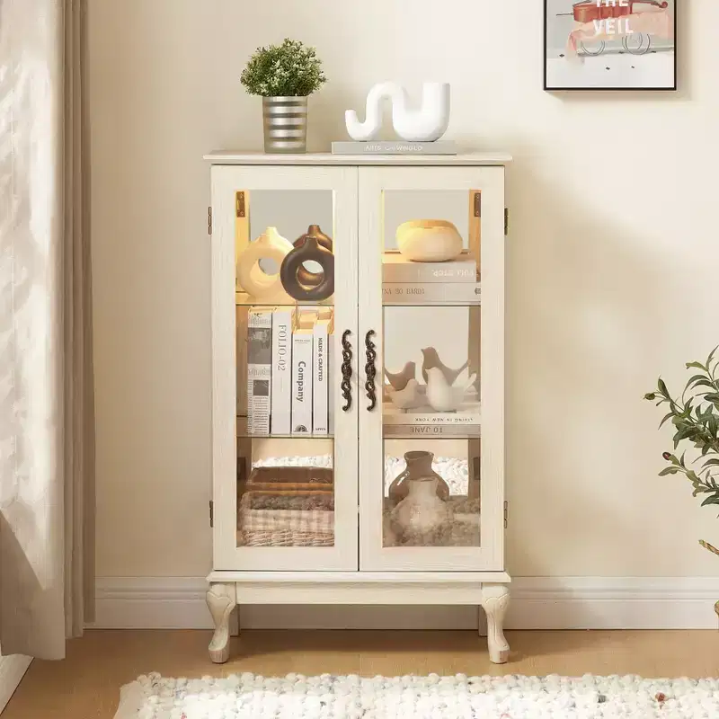 2-Door Curio Cabinet with Tempered Glass Doors, Mirrored Back Panel, Adjustable Shelves, and Light for Home Office