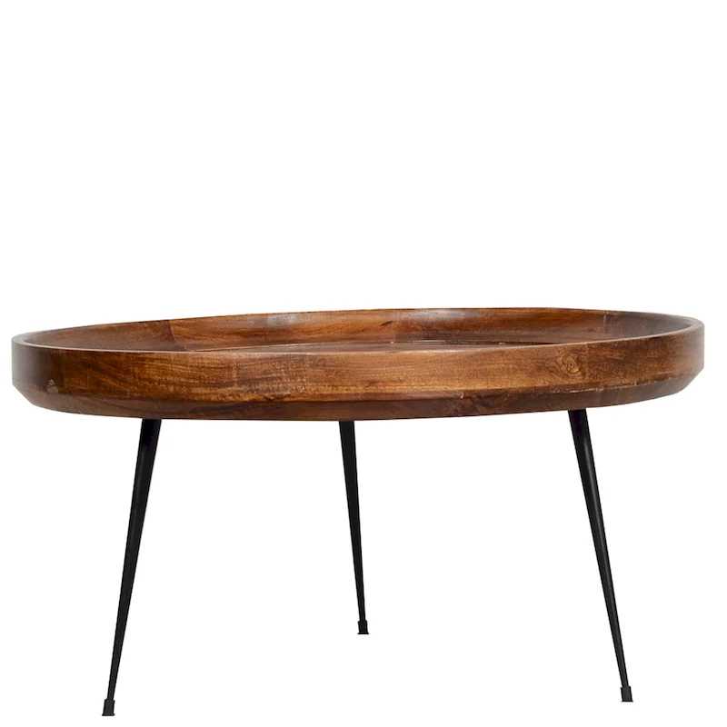 Gia Round Mango Wood Coffee Table With Splayed Metal Legs, Brown and Black