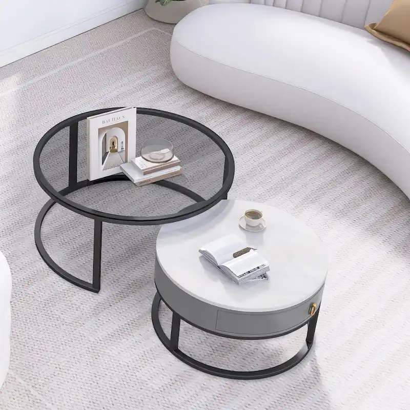 Modern Glass Waterproof Round Nesting Coffee Table with Drawer