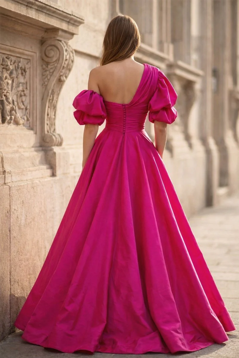 Fuchsia One-Shoulder A-Line Long Prom Dress with Puff Sleeves