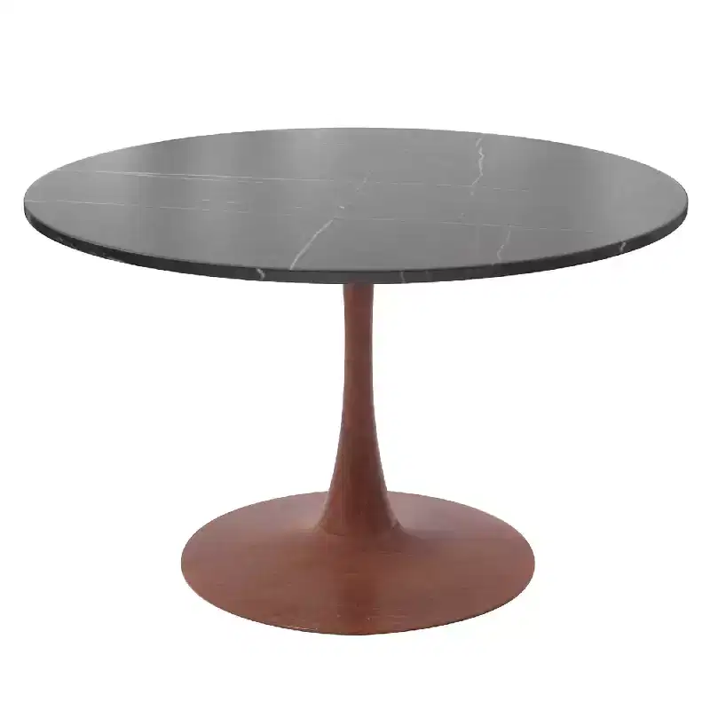 LeisureMod Bristol 31 Round Dining Table with Sintered Stone Top and Cherry Steel Pedestal Base for Modern Kitchen and Dining Room