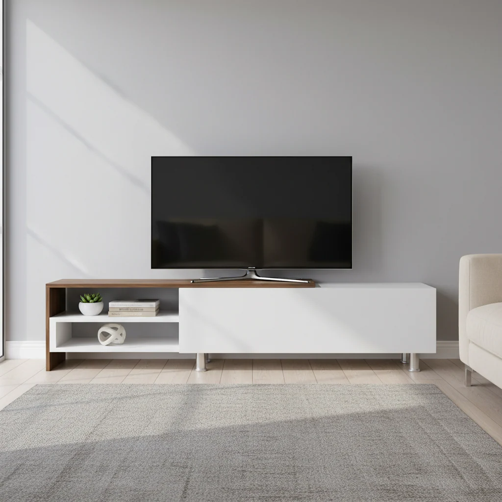 White & Walnut Modern TV Stand with Cabinet & 2 Floating Shelves, Fits up to 80 Inch TV, 73 Inch, 1-Person