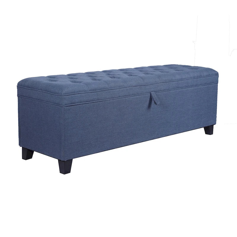 Blue Button-Tufted Storage Ottoman Bench, Flip-Top Lid, 1-Seat