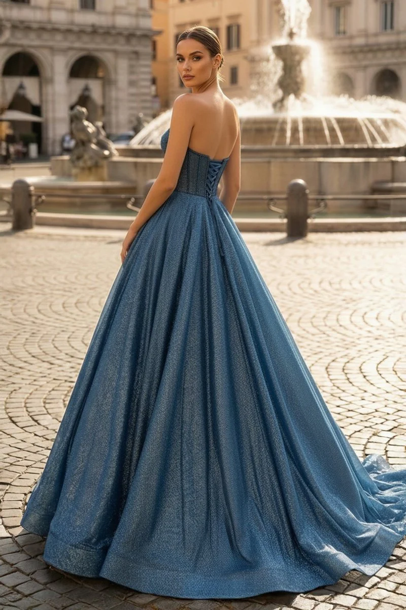 Navy Blue Sequin Beaded Sweetheart A-Line Long Prom Dress