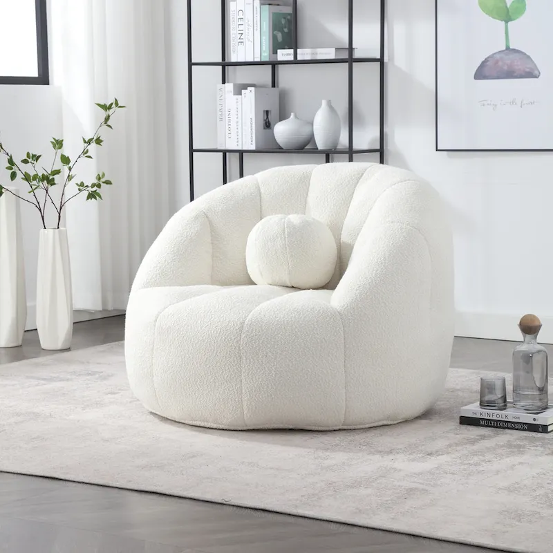 HOMEFUN Boucle Upholstered Round Lazy Cozy Bean Bag Chair With a Pillow