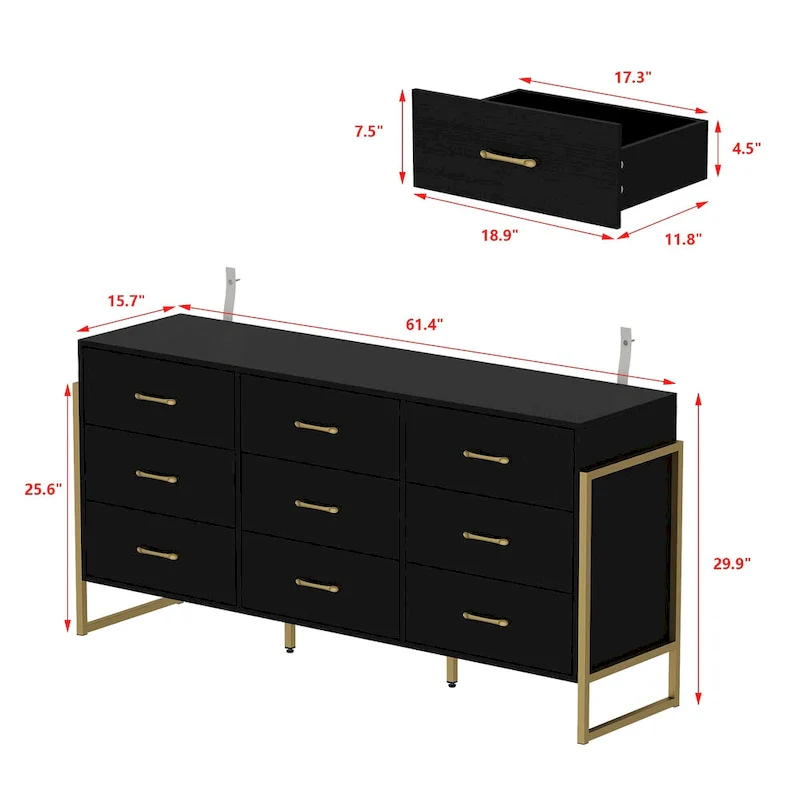 Elegant 9-Drawer Dresser with Gold Accents - Black Stripe Finish Chest