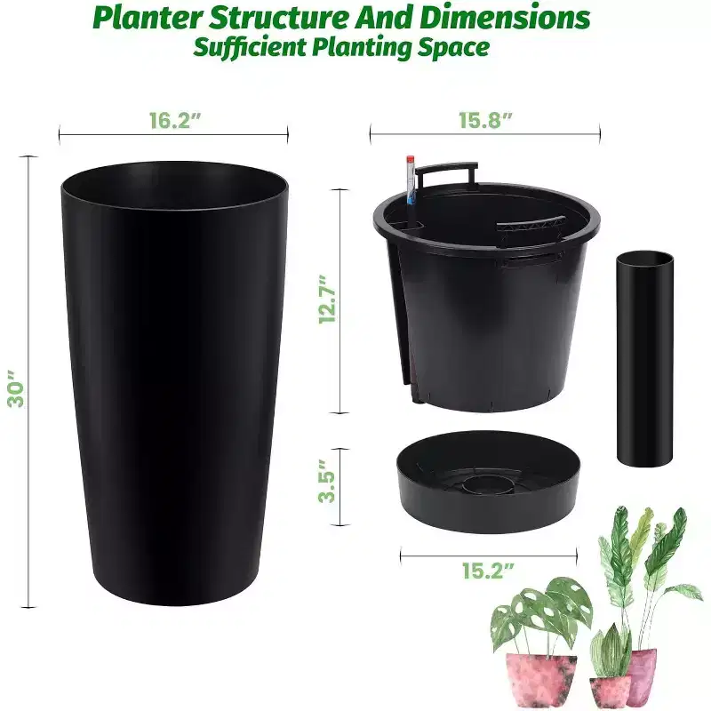 30 Inch Tall Plant Pots Set of 2, Self Watering Pots with Drain Holes, Water Level Monitor & Inner Bucket, Planters for Patio, Balcony, Living Room