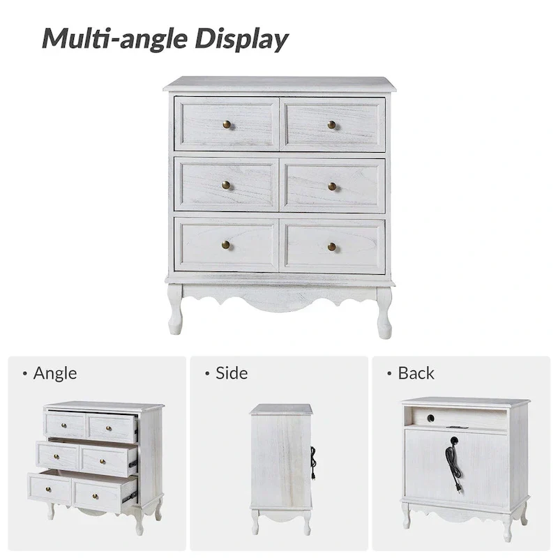 Distressed Farmhouse 3-Drawer Nightstand with Charging Station