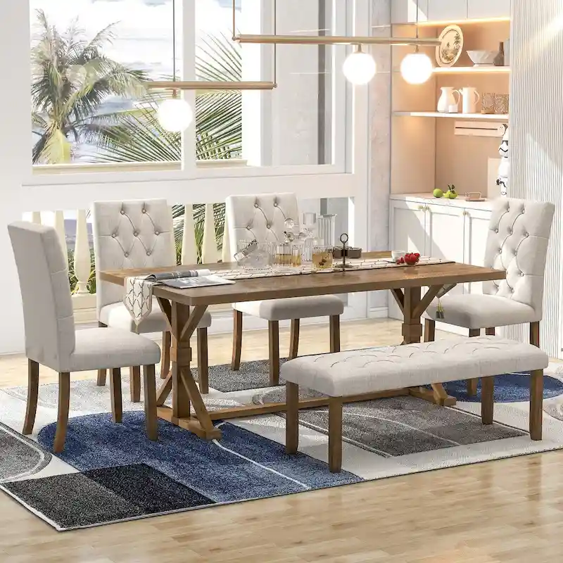 6-Piece Farmhouse Dining Table Set 72 Wood Rectangular Table, 4 Upholstered Chairs with Bench