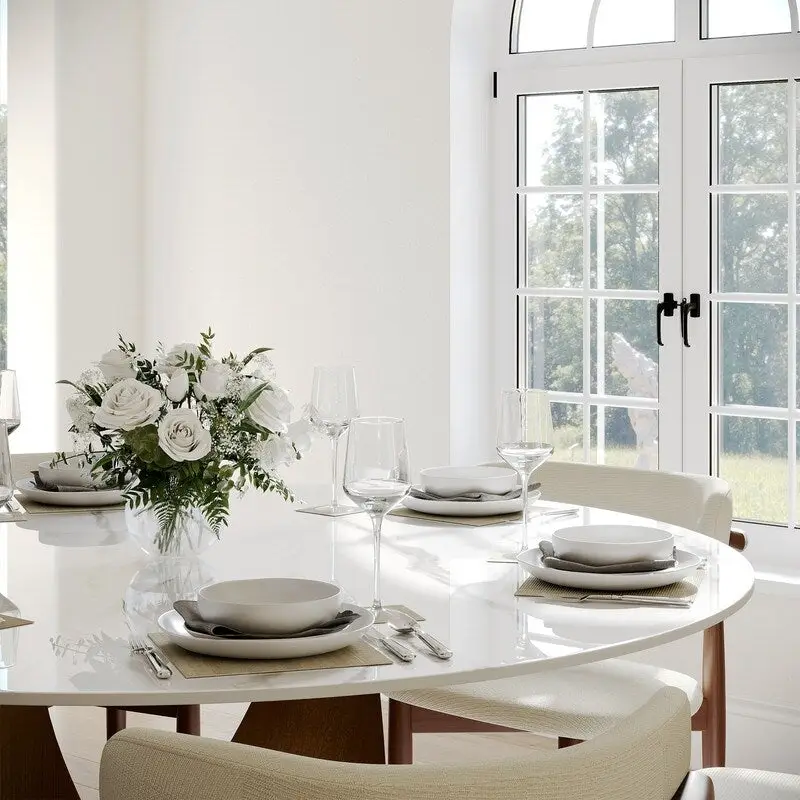 Modern Round Dining Table – White Sintered Stone Top & Bronze Carbon Pedestal