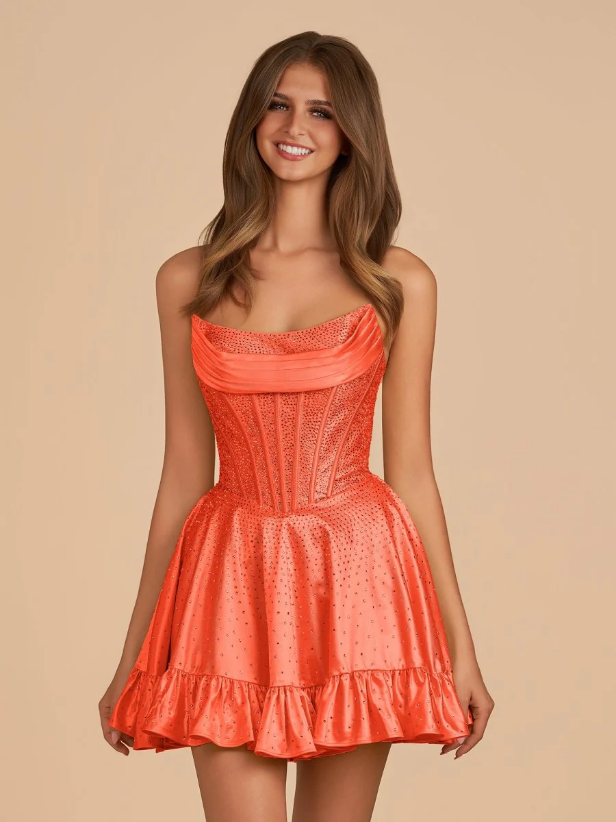 Bright Orange - A Line Scoop Neck Satin Corset Ruffled Homecoming Dresses With Beadings