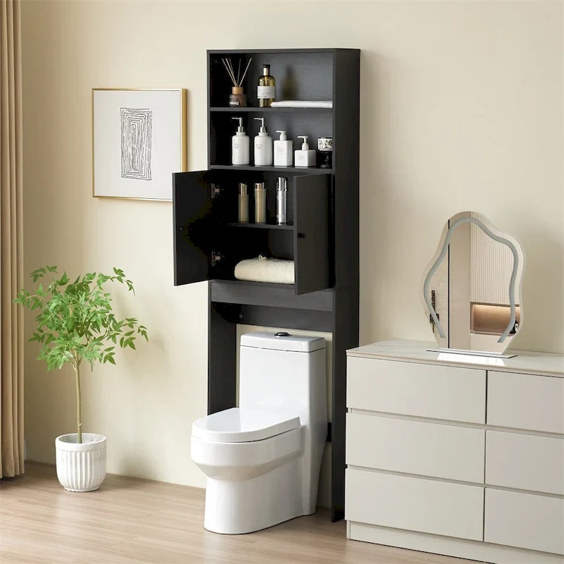 Over-the-Toilet Storage Cabinet with Barn Doors and Open Shelves