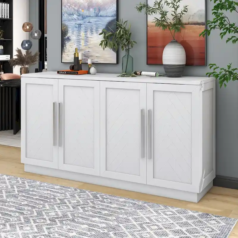 4-Door Buffet Cabinet – Black / Antique Blue / White, 4-Shelf Storage, Single-User Assembly