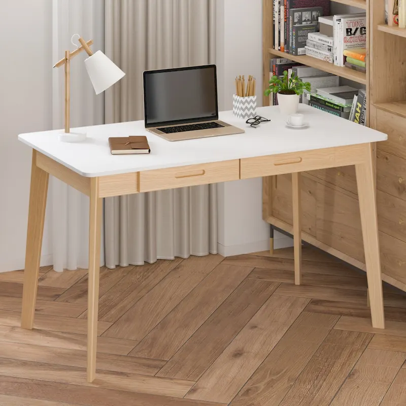 47.2-inch Writing Desk with Solid Wood Legs – Oak / Brown / White & Oak / Black Walnut, For 1 Person