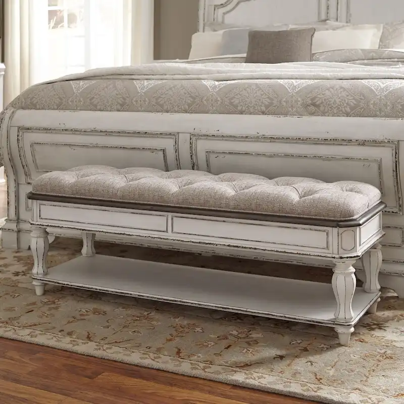 Magnolia Manor Antique White Weathered Bark Bed Bench