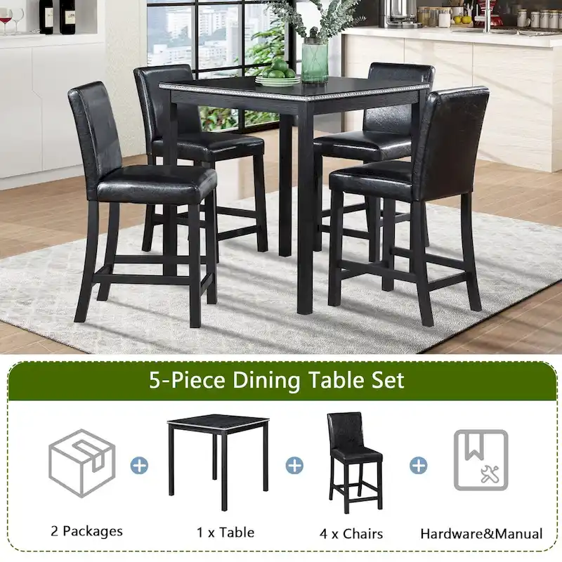 Modern 5-Piece Dining Set with Square Counter Height Table & 4 Upholstered Chairs