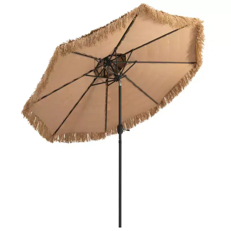 Costway 9 ft Outdoor Tiki Umbrella Double-Roof Hawaii Style Umbrella W/ Tilt Mechanism & Hand Crank 9-Tier Endothermic Straw 8 Sturdy Steel Ribs
