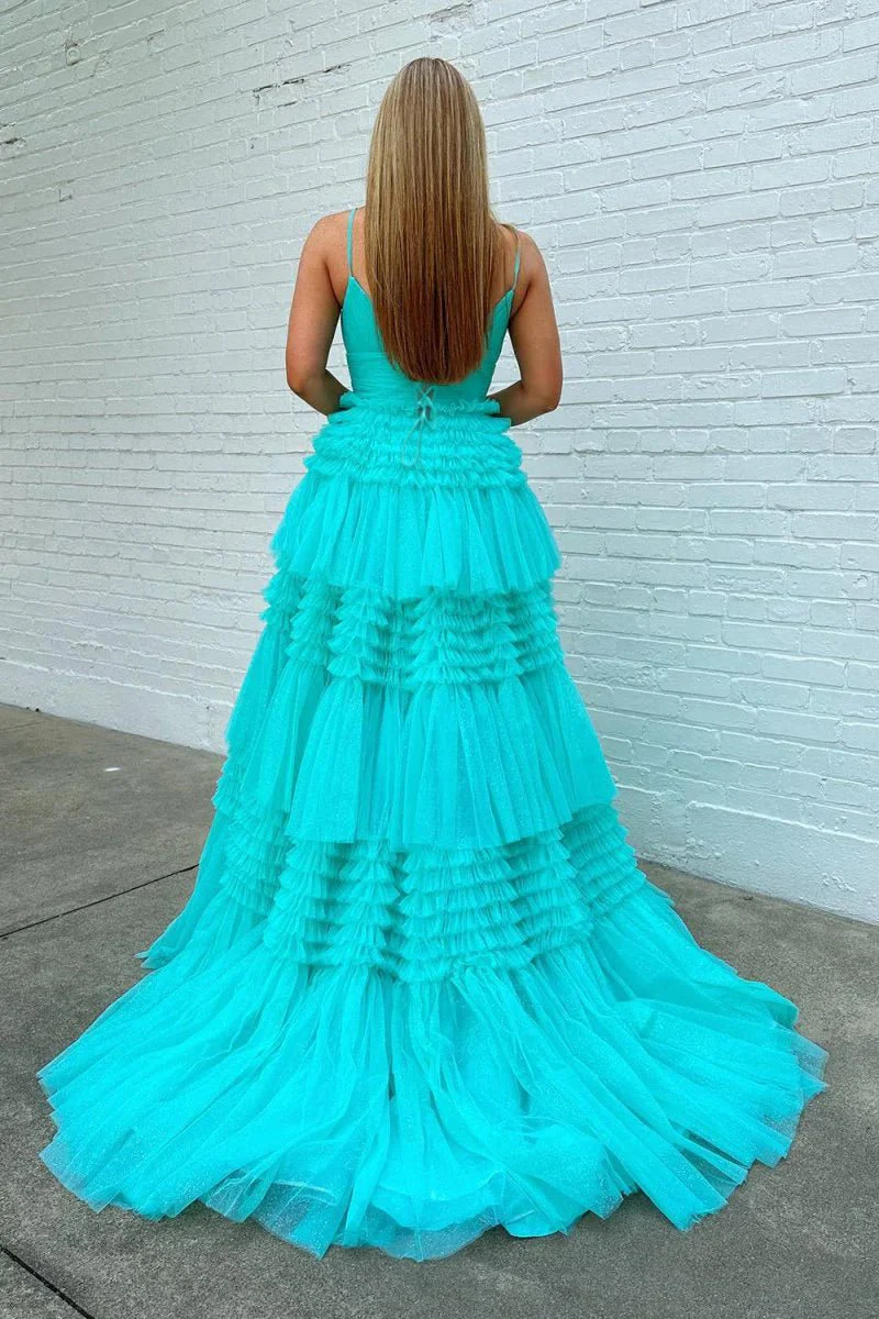 A-Line Spaghetti Straps Long Tiered Tulle Prom Dress With Split