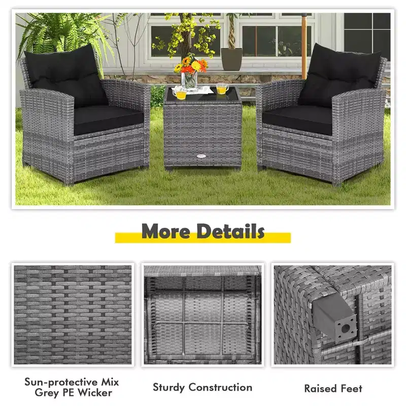 Costway 3PCS Patio Rattan Furniture Bistro Set Cushioned Sofas Side Table Armrest Red/Grey/Navy/Turquoise/Black