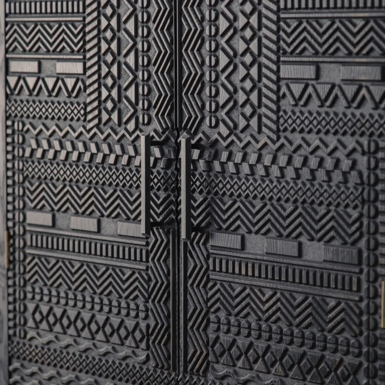 Artistic Pattern Wood Black Cabinet Sideboard in 3-Shelf