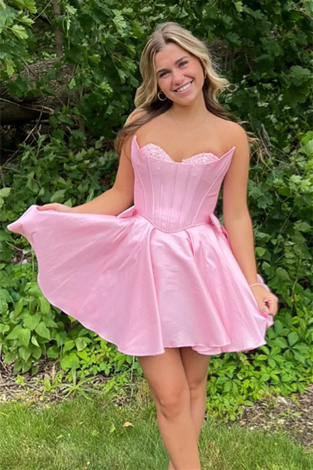 Pink - Strapless Satin A Line Short Homecoming Dress With Bow