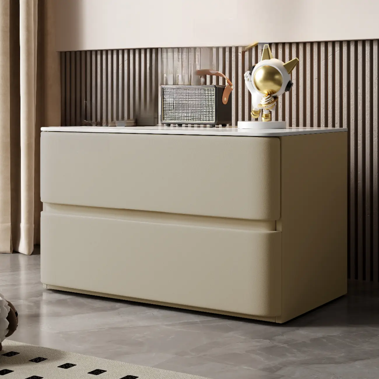 Modern Stone Top Wooden White Bedside Table 2 Drawers