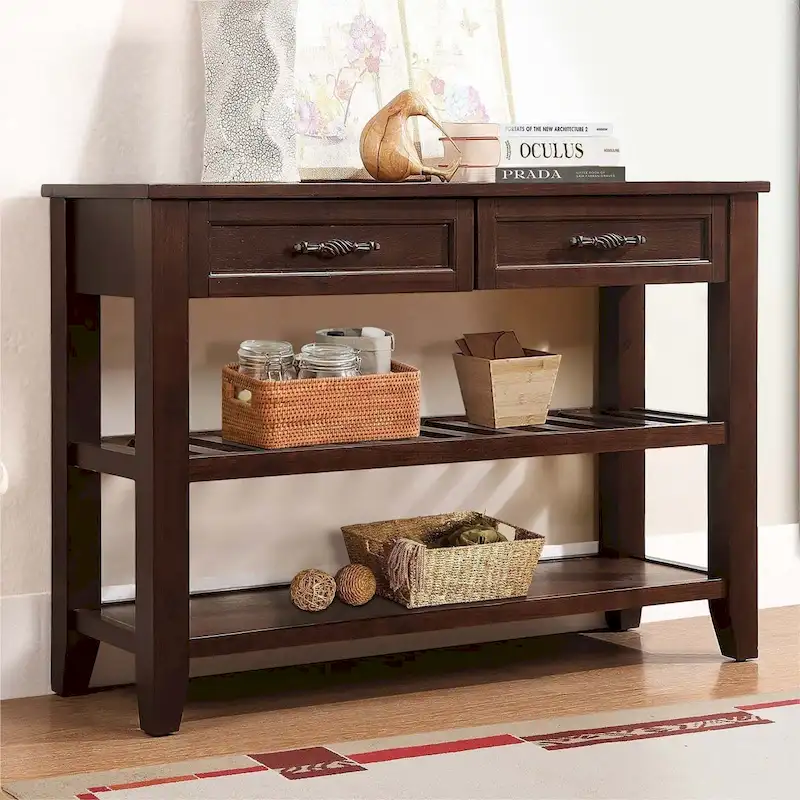 Espresso / Navy Blue / Antique Gray / Brown Mid-Century Solid Wood Buffet Sideboard with 2 Drawers & Open Shelves - Single Use