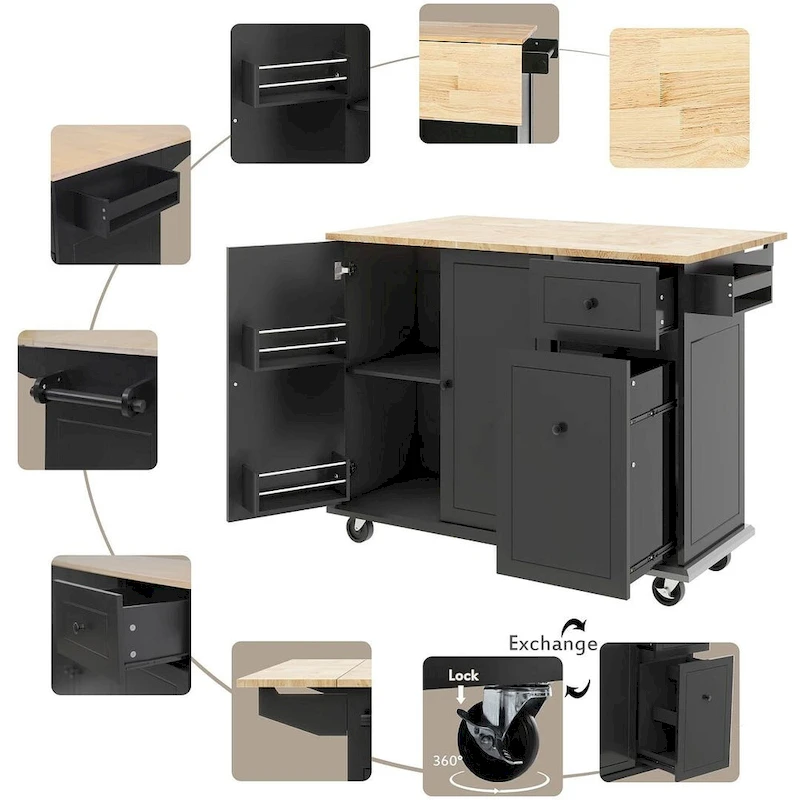53.9 W Modern Versatile Kitchen Island with Drop Leaf and 3 Drawer Cabinets