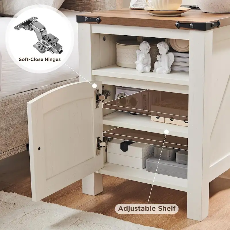 Farmhouse Nightstand with Charging Station, Wood End Table, Side Table