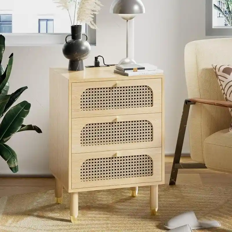 Rattan Nightstand with 3 Drawers