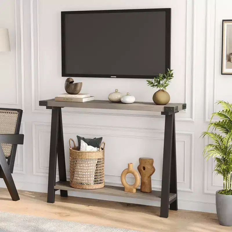 Farmhouse Narrow Sofa Table with Open Shelf & Metal Frame  V-Leg Design Console Table for Living Room, Entryway, Hallway in Gray