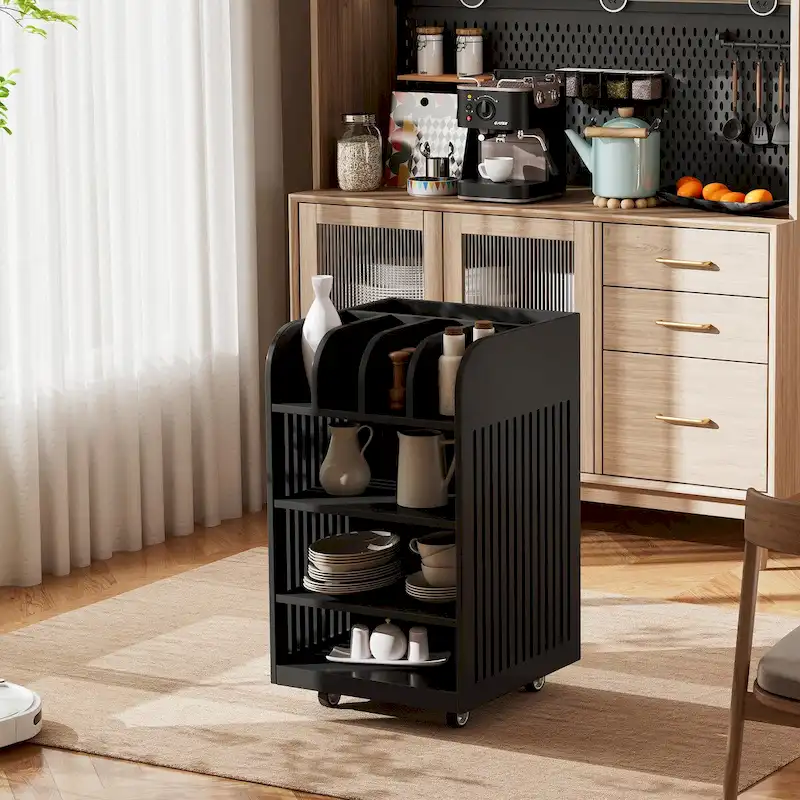 Black / White 6-Tier Rolling Kitchen Cart with Spice Rack, for 1–2 Users