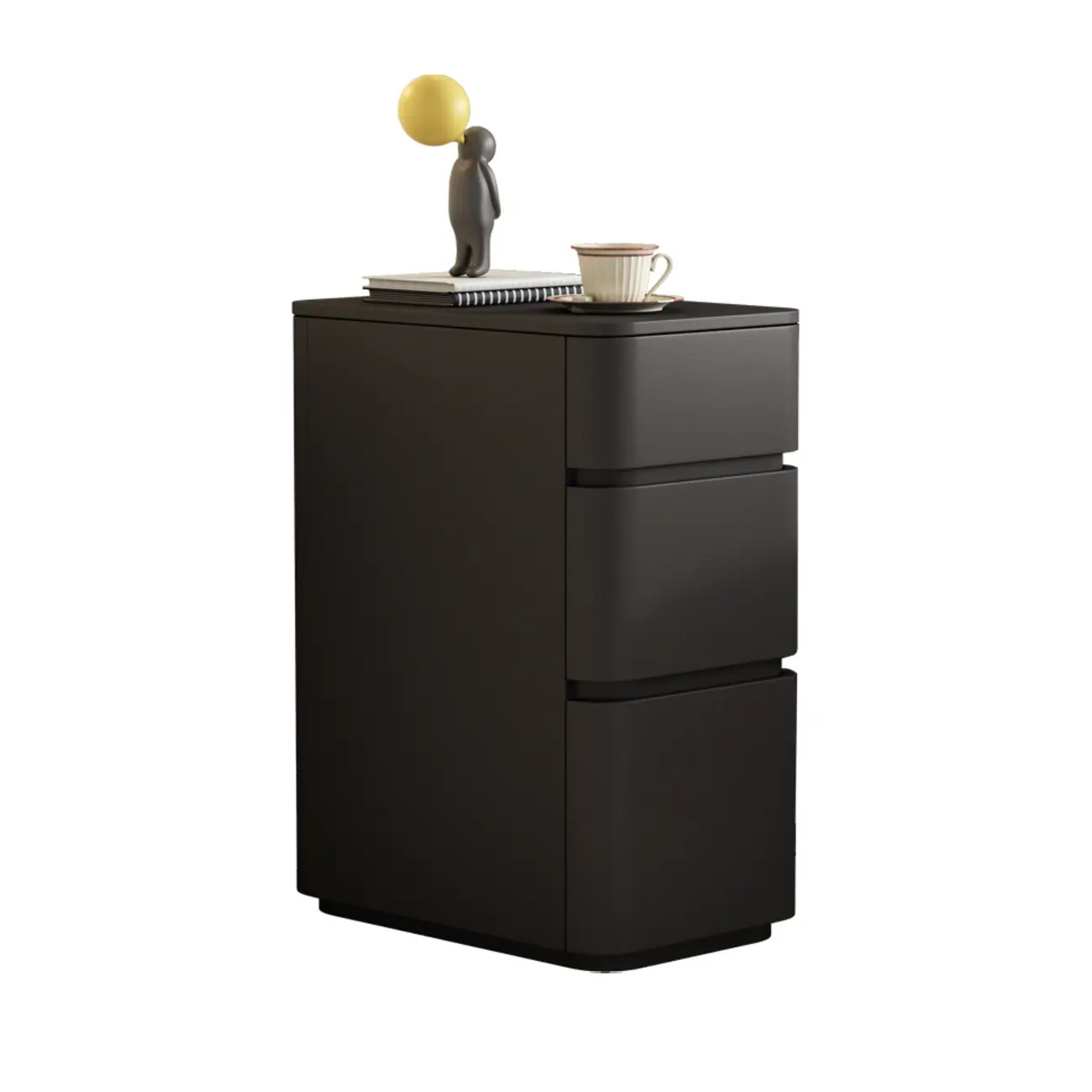 Narrow Leather Wood 3-Drawer Black Nightstand